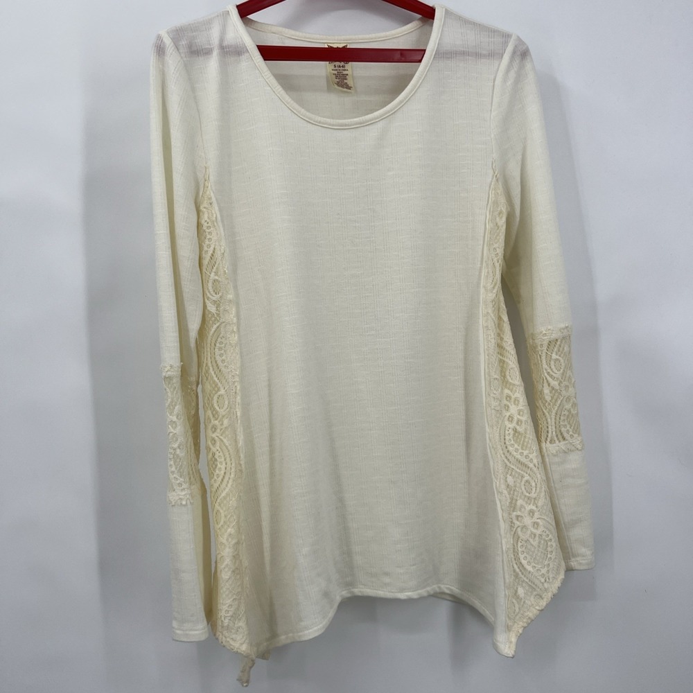 Faded Glory Knit Top Women's S Cream Lace Trim Boho Peasant Angelcore Lagenlook